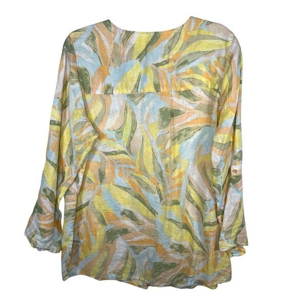Rachel Zoe 100% Linen Tunic Top Womens 1X Pastel Tropical Roll Tab Sleeve - Picture 5 of 8
